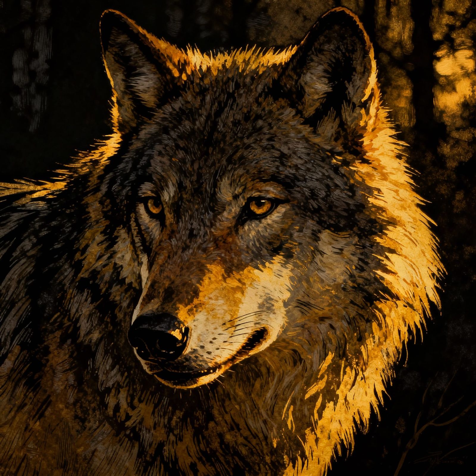 Majestic Wolf Portrait in Bromoil Print Style