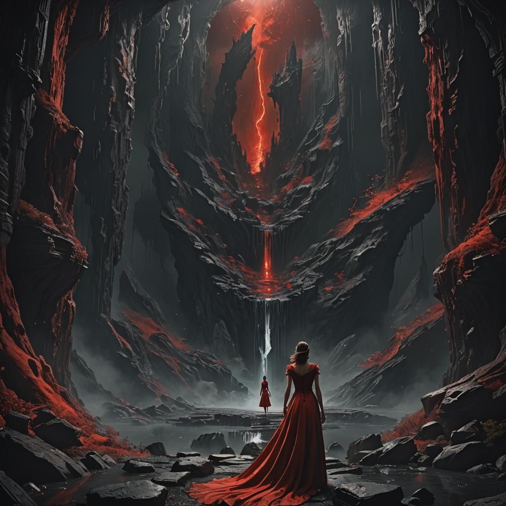 Woman in Red Dress Stares into Abyss