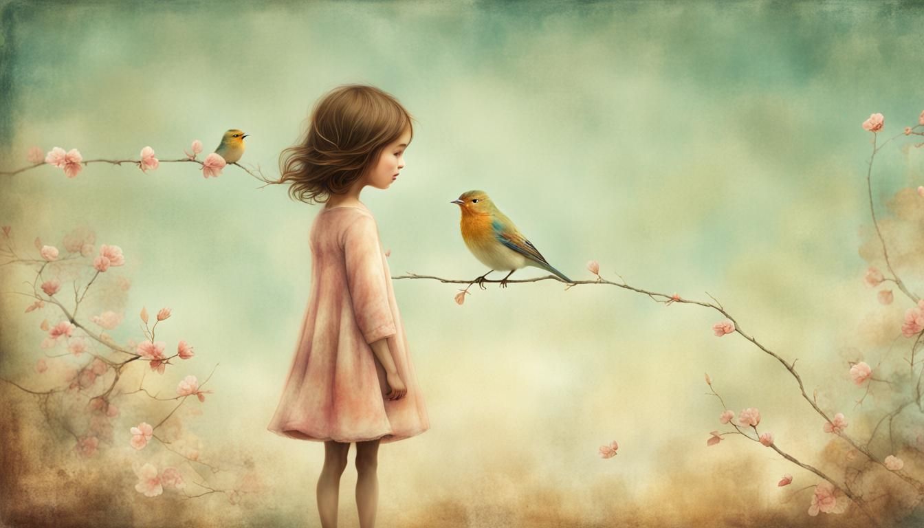 Dreamy Little Bird in a Romantic Fantasy Landscape