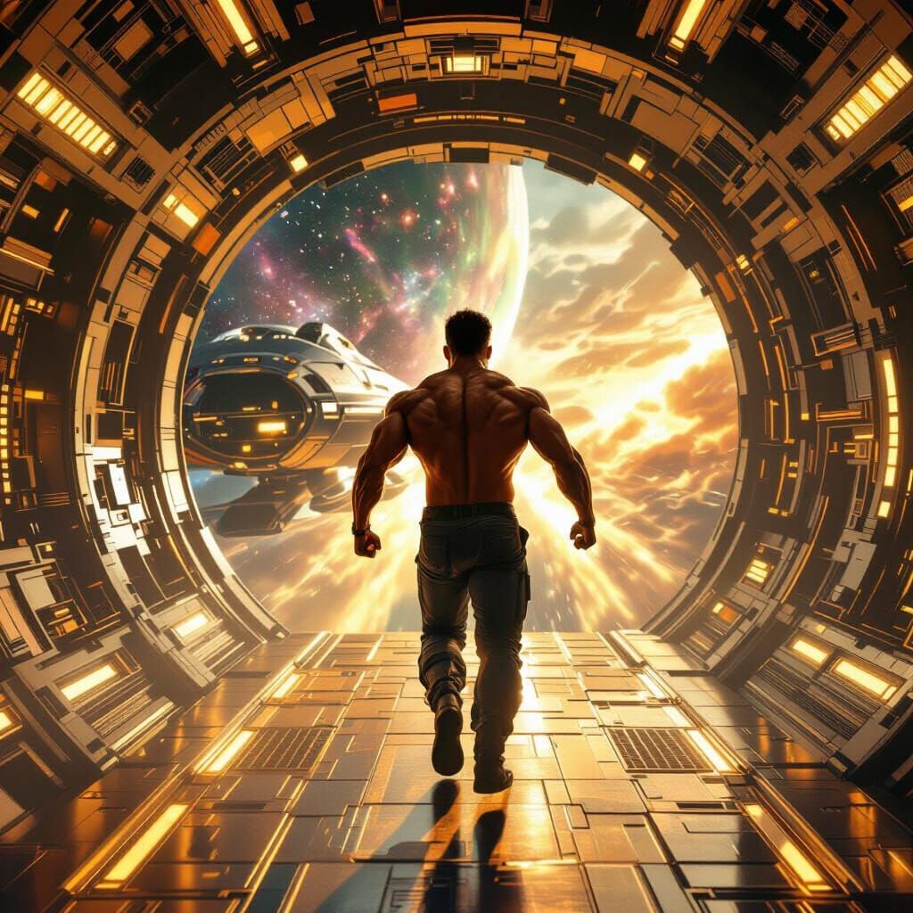 Macho Man Ascends in Futuristic Spaceship at Golden Hour