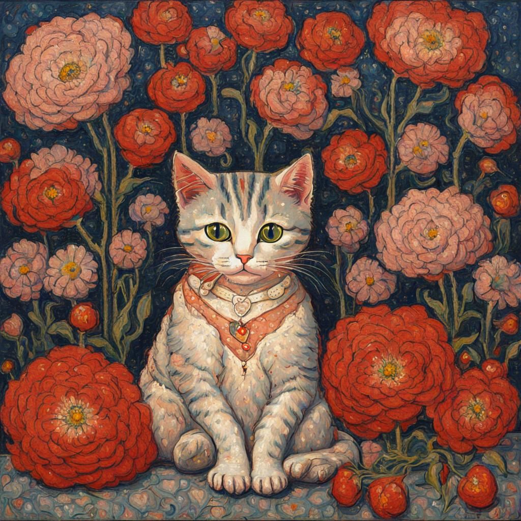Cat Surrounded by Flowers in Impressionist Style