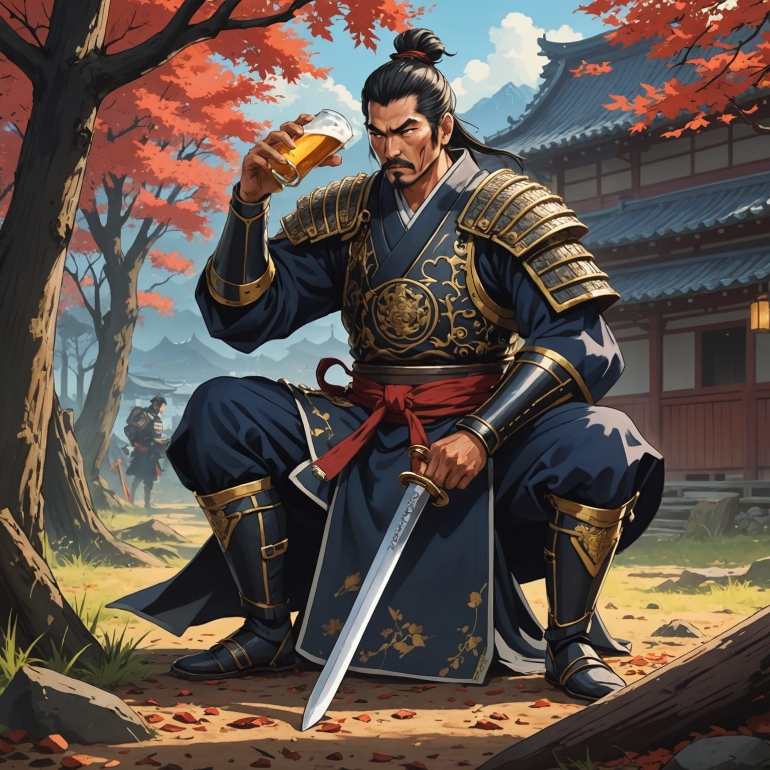 Bushido Warrior Takes a Break: Anime Cel-Shaded Art