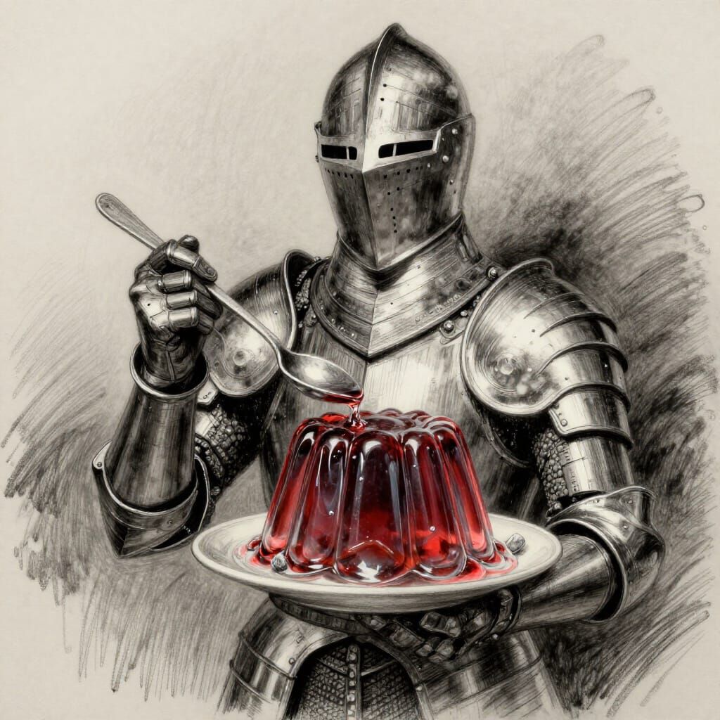 Knight Holds Gelatin Dessert in Charcoal Drawing Style