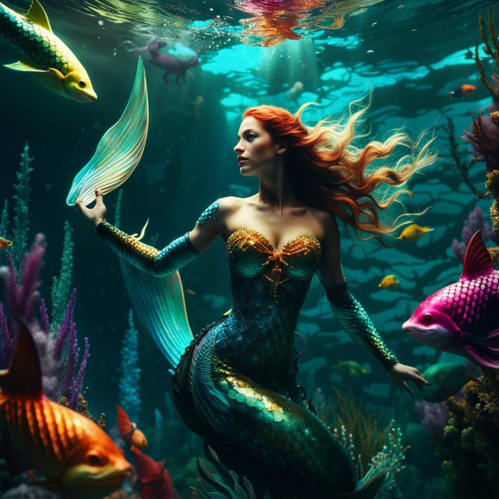 Enchanting Mermaids Swimming: A Hyperdetailed Fantasy Master...