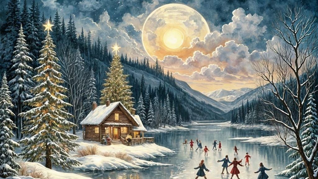 Realistic Watercolor Christmas Ice Skating Scene on a Frosty...