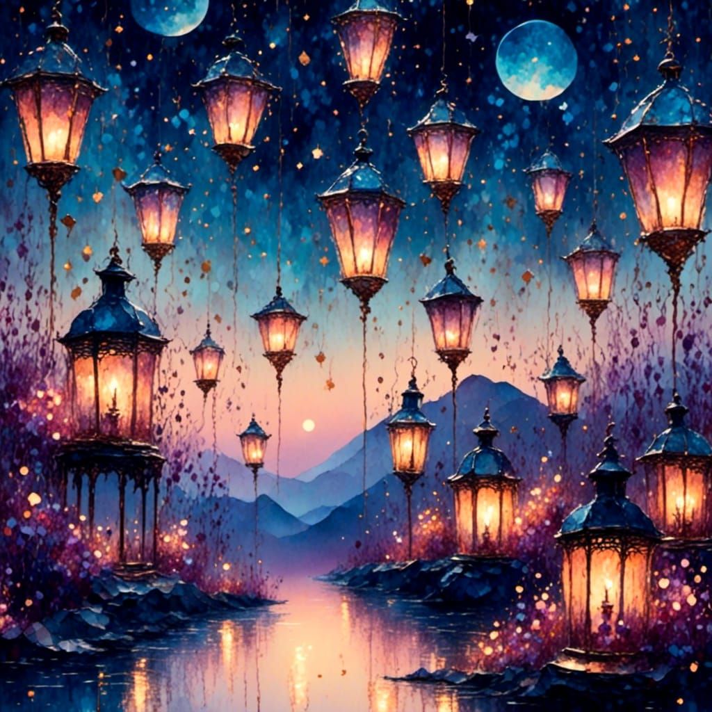 Surrealist Lanterns Ascend in Watercolor Nightscape