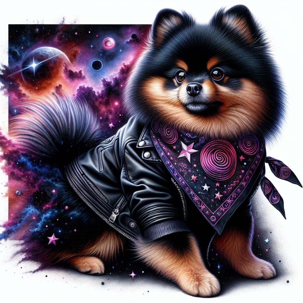 Cosmic Rocker Pomeranian Masterpiece in Watercolor Style
