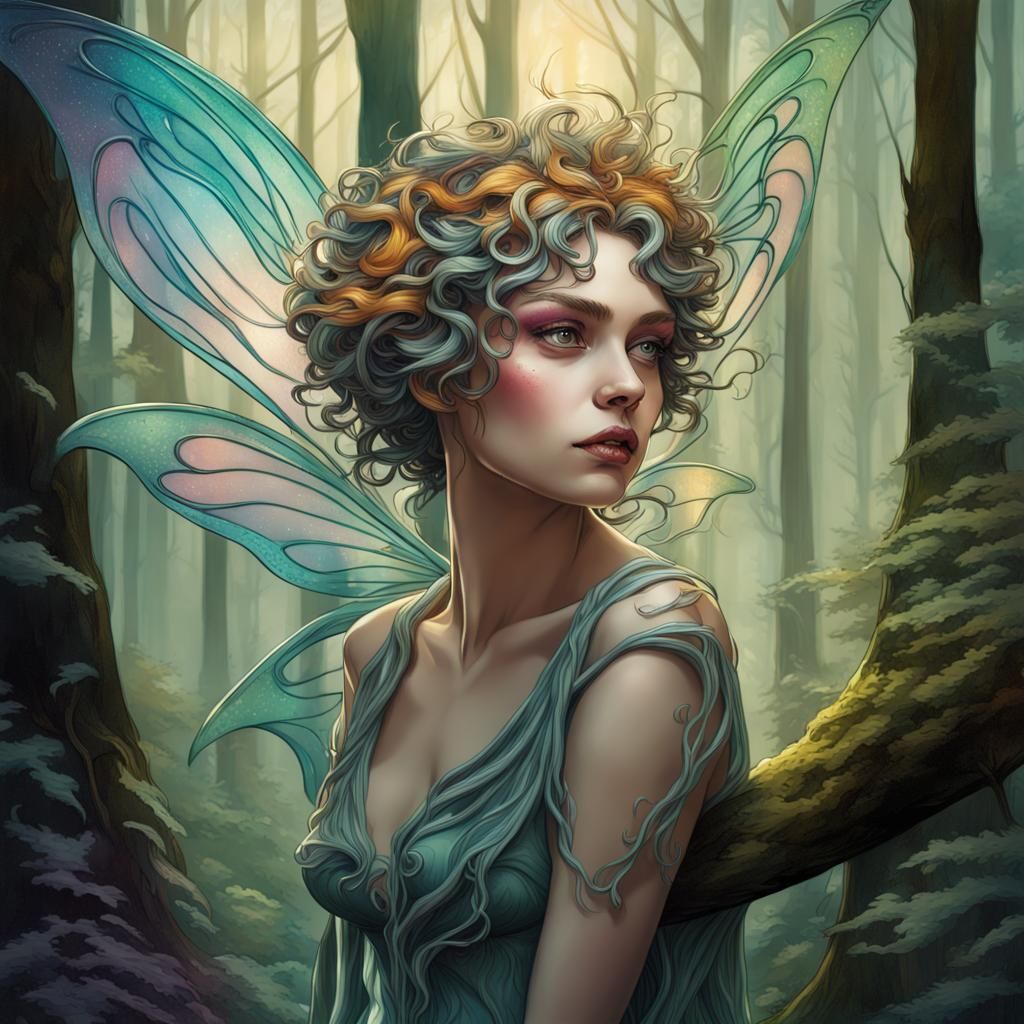 Art Nouveau Fairy in Burtonesque Forest