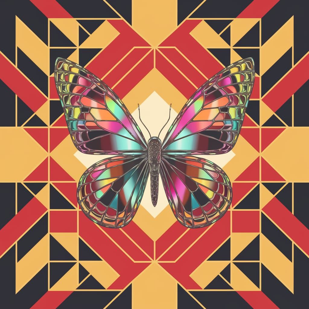 Geometric Pop-Art Robot Butterfly in Triadic Colors