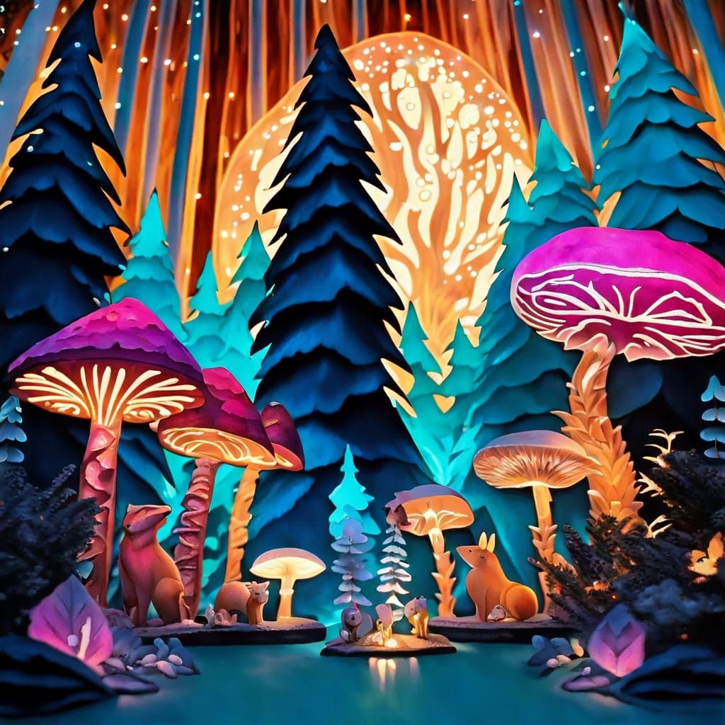 Glowing Mushroom Gathering in Iridescent Forest
