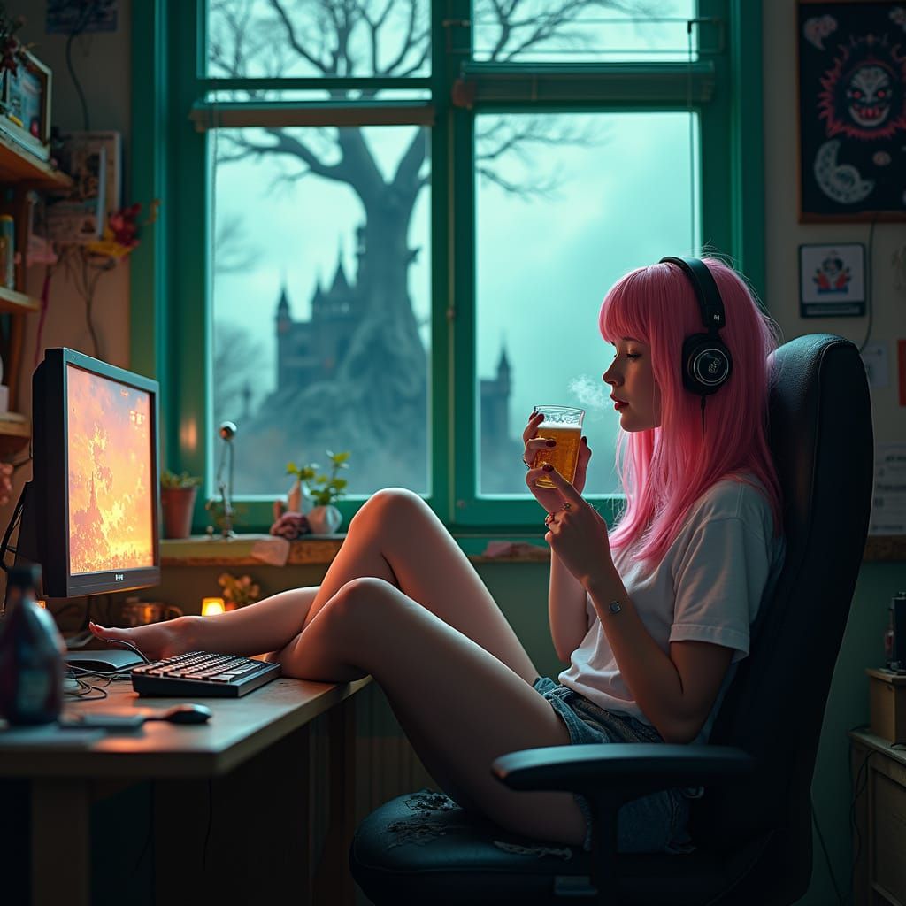 Pink-Haired Woman Enjoys Beer in Cluttered Room with Vampire...