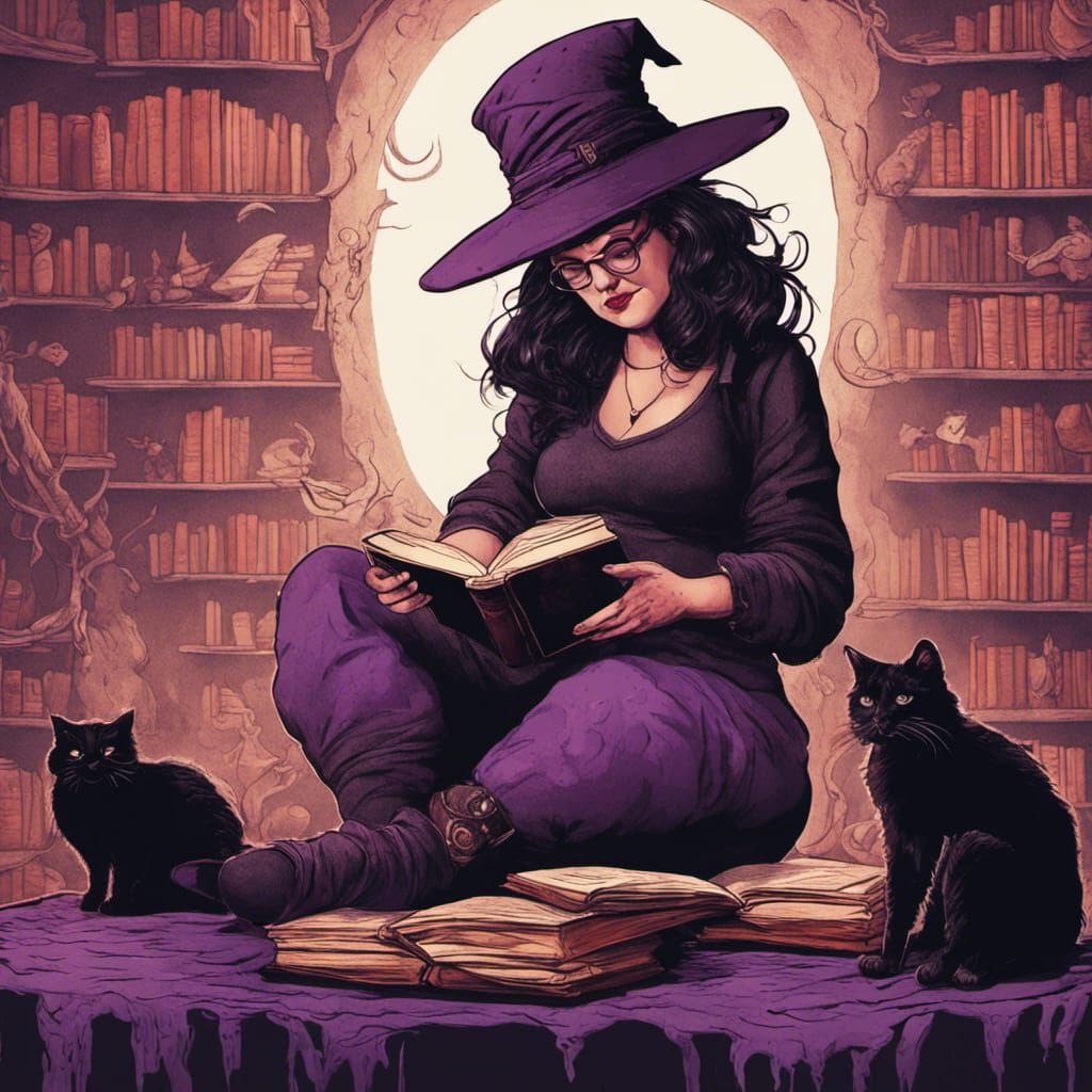 Punk Witch Reading with Black Cat