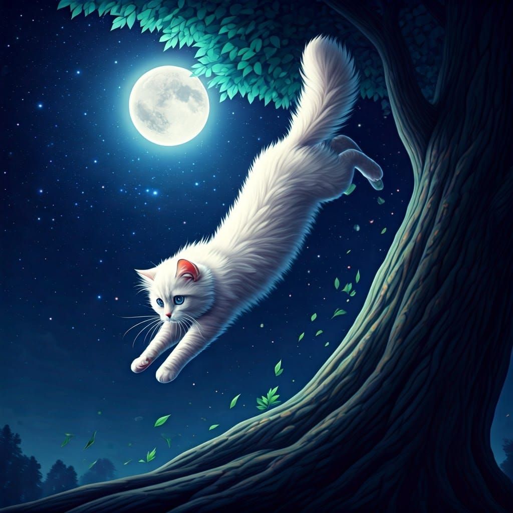 Elegant White Cat Dives Under Starslit Night