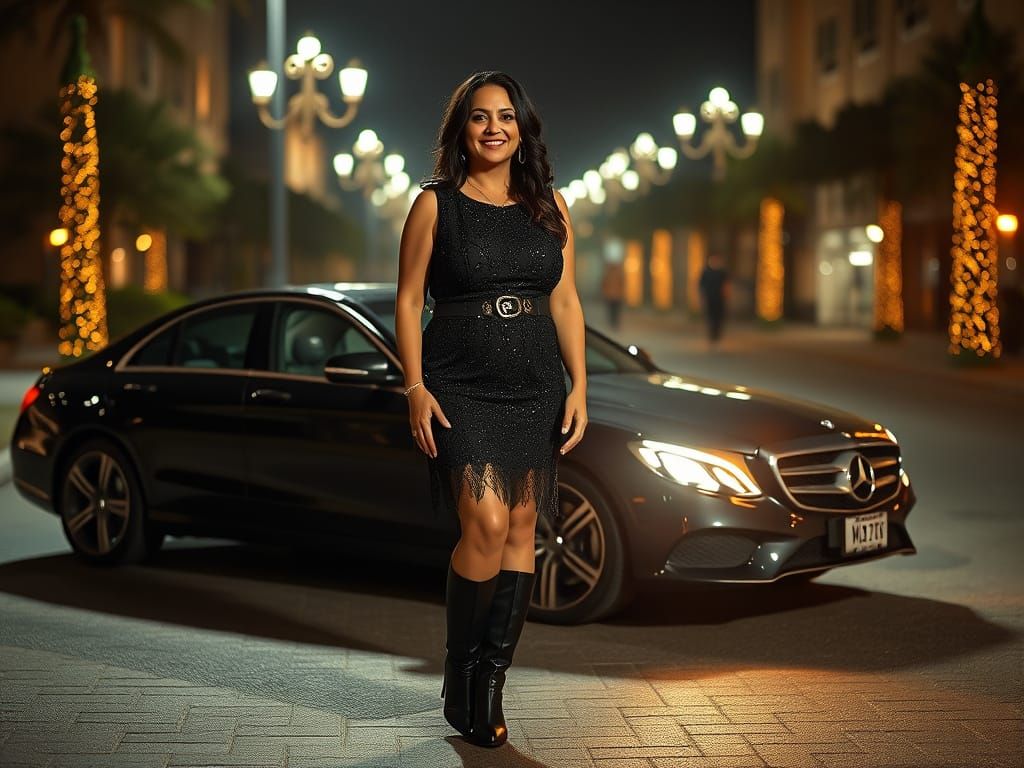 Elegant Woman Poses With Fancy Car At Night