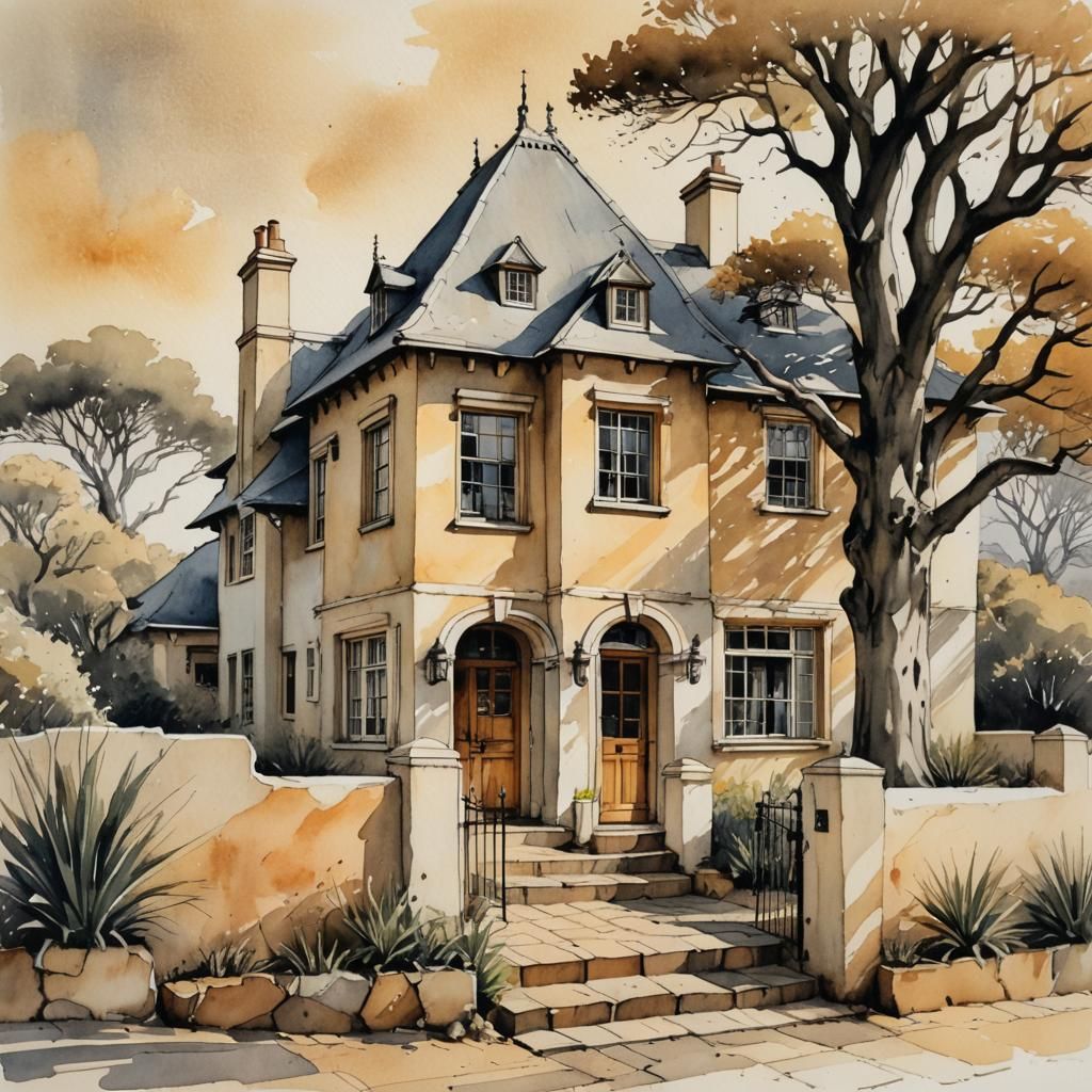 Cape Dutch House in Pen and Watercolour