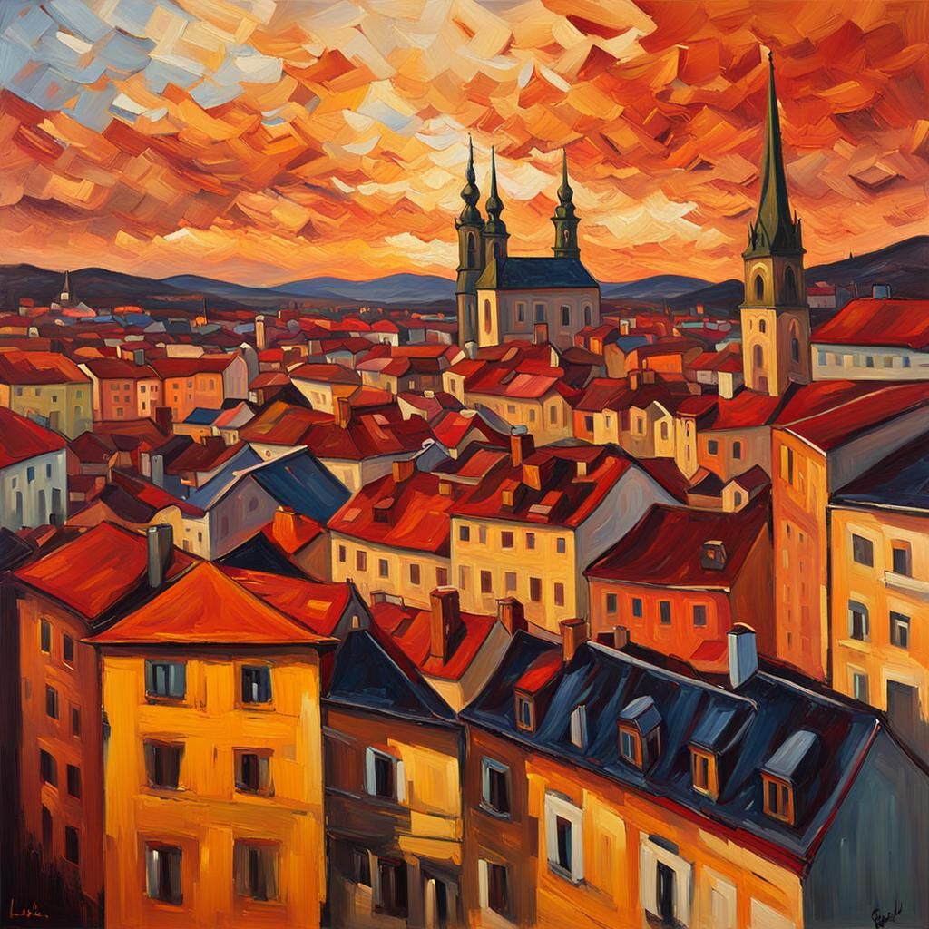 Linz Austria Sunset in Expressionist Oil Painting