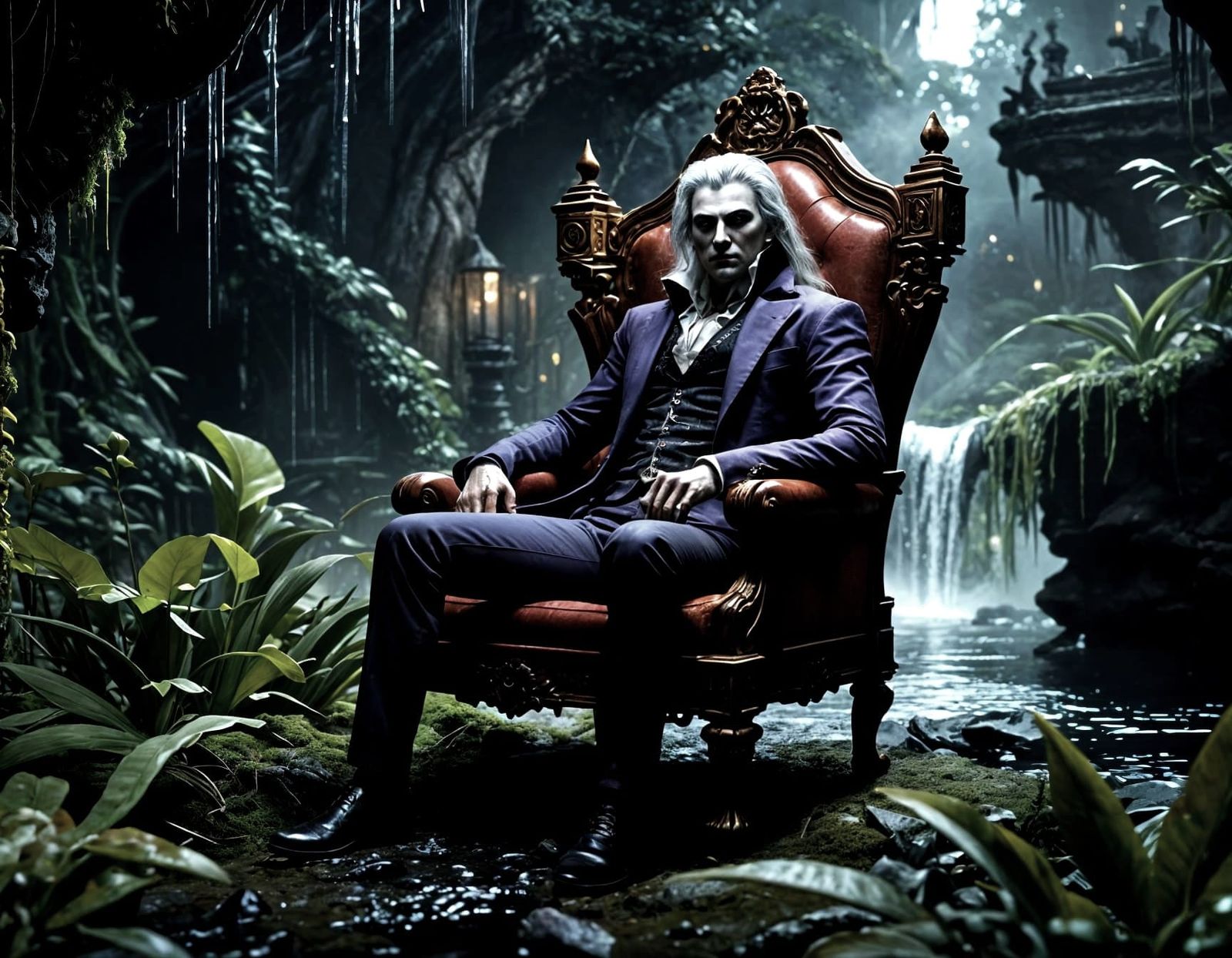 Vampire Relaxing in a Misty Jungle Oasis