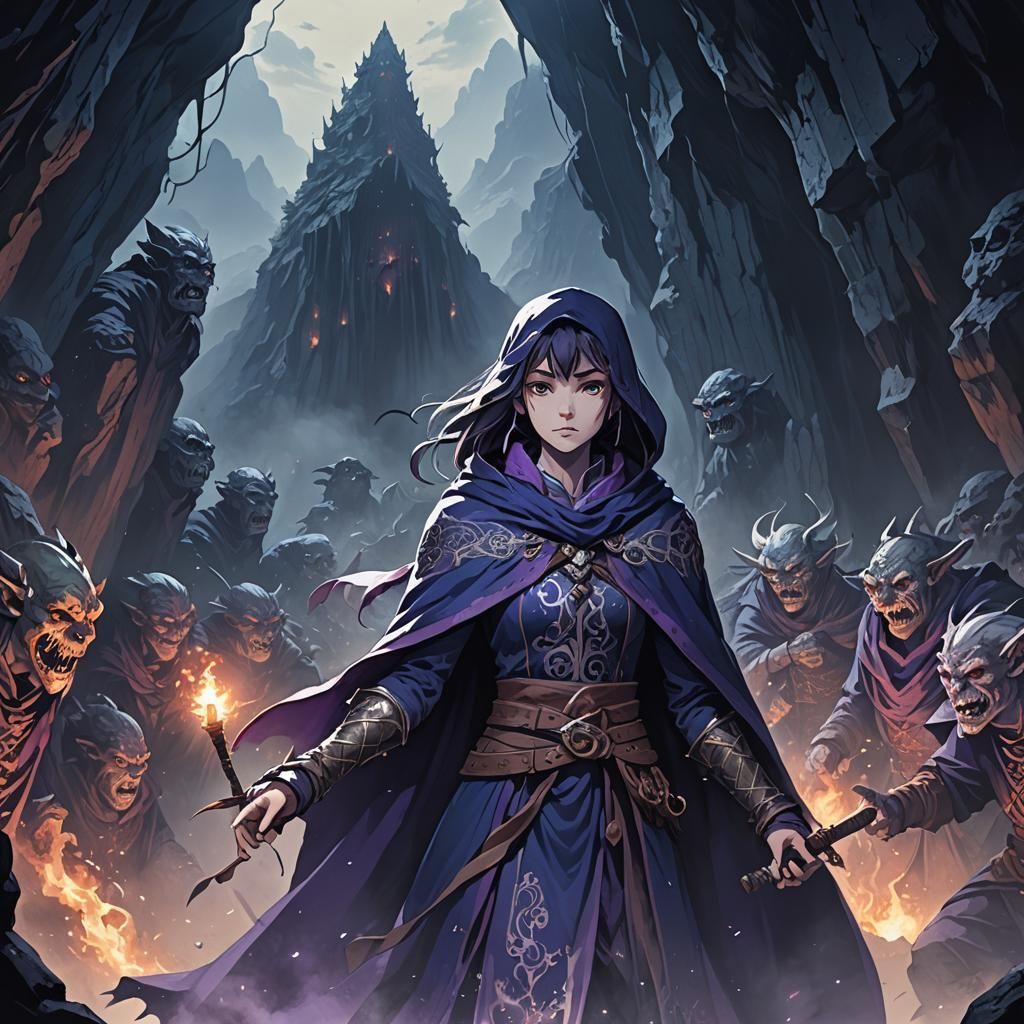 Anime Mage Surrounded by Goblins in Misty Cave