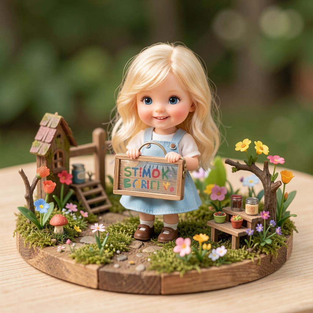 Miniature Spring Scene With Blond Girl