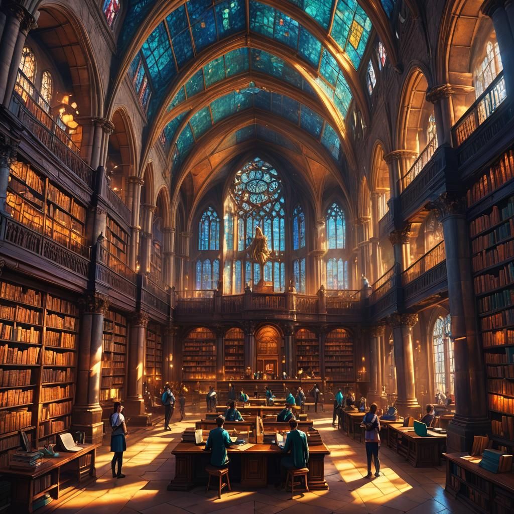 Grand Library Interior in a Vibrant Fantasy Digital Painting