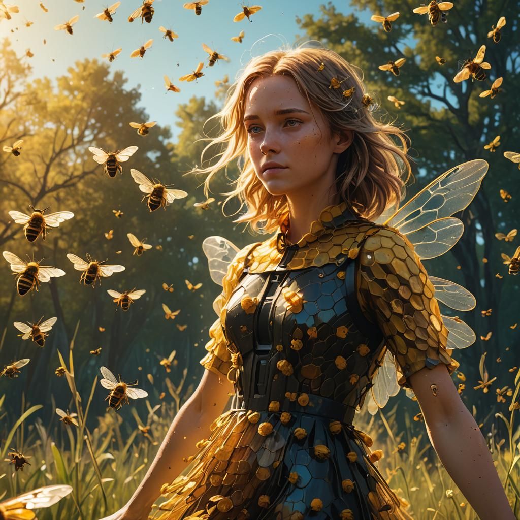 Bee Girl Dancing in Sunlit Meadow