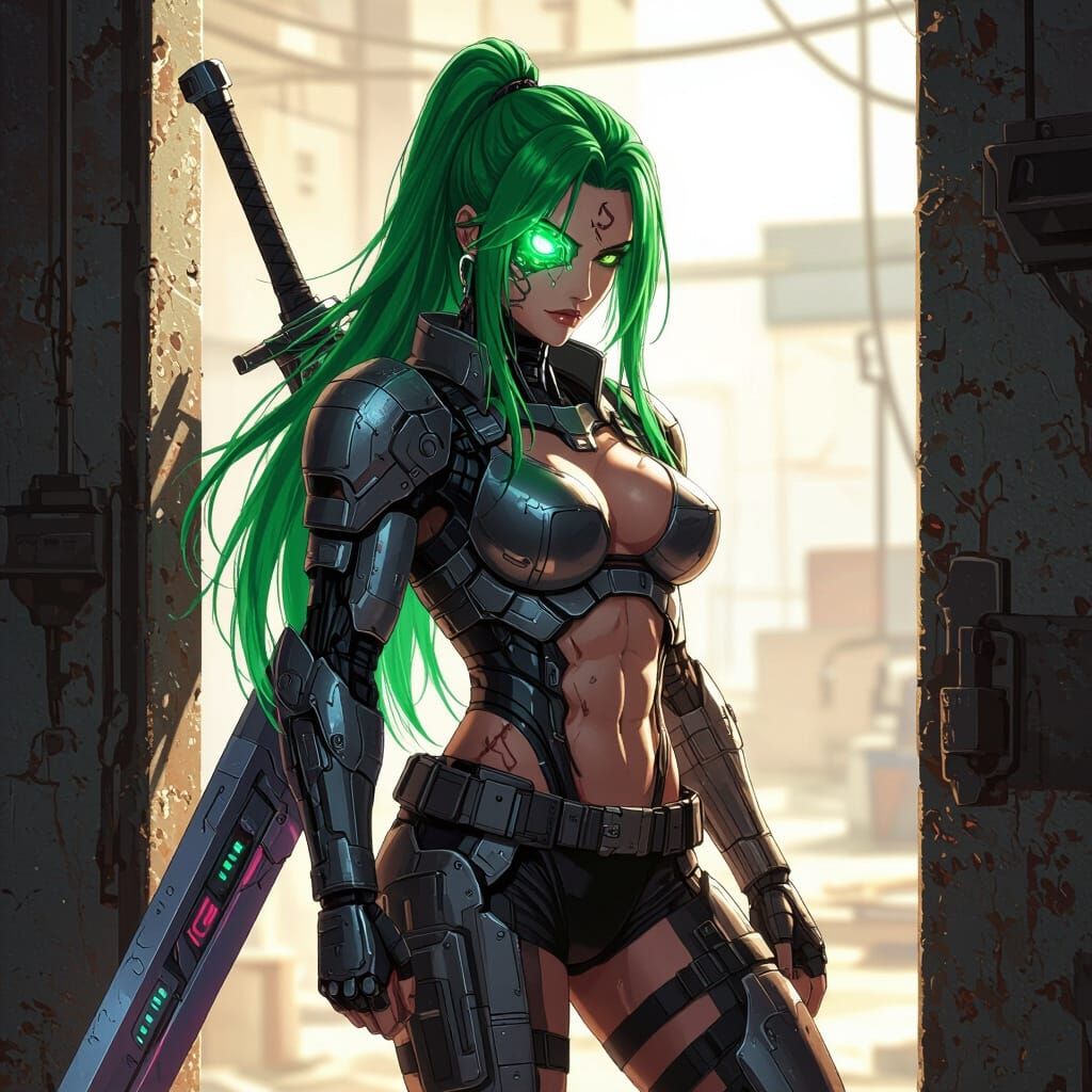 Cyber Warrior with Green Hair and Cybernetic Eye