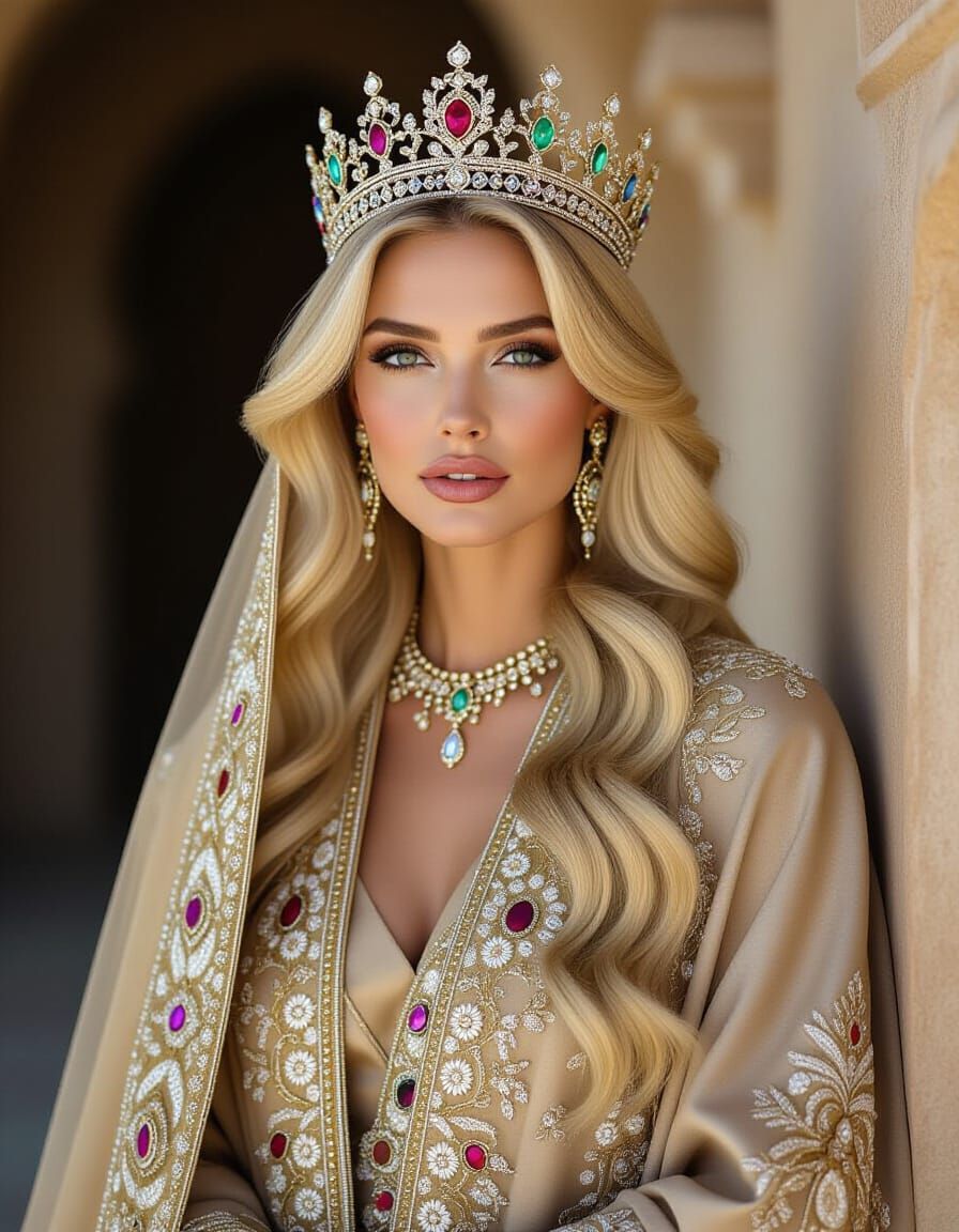 Regal Blonde in Opulent Abaya: Modern High Fashion