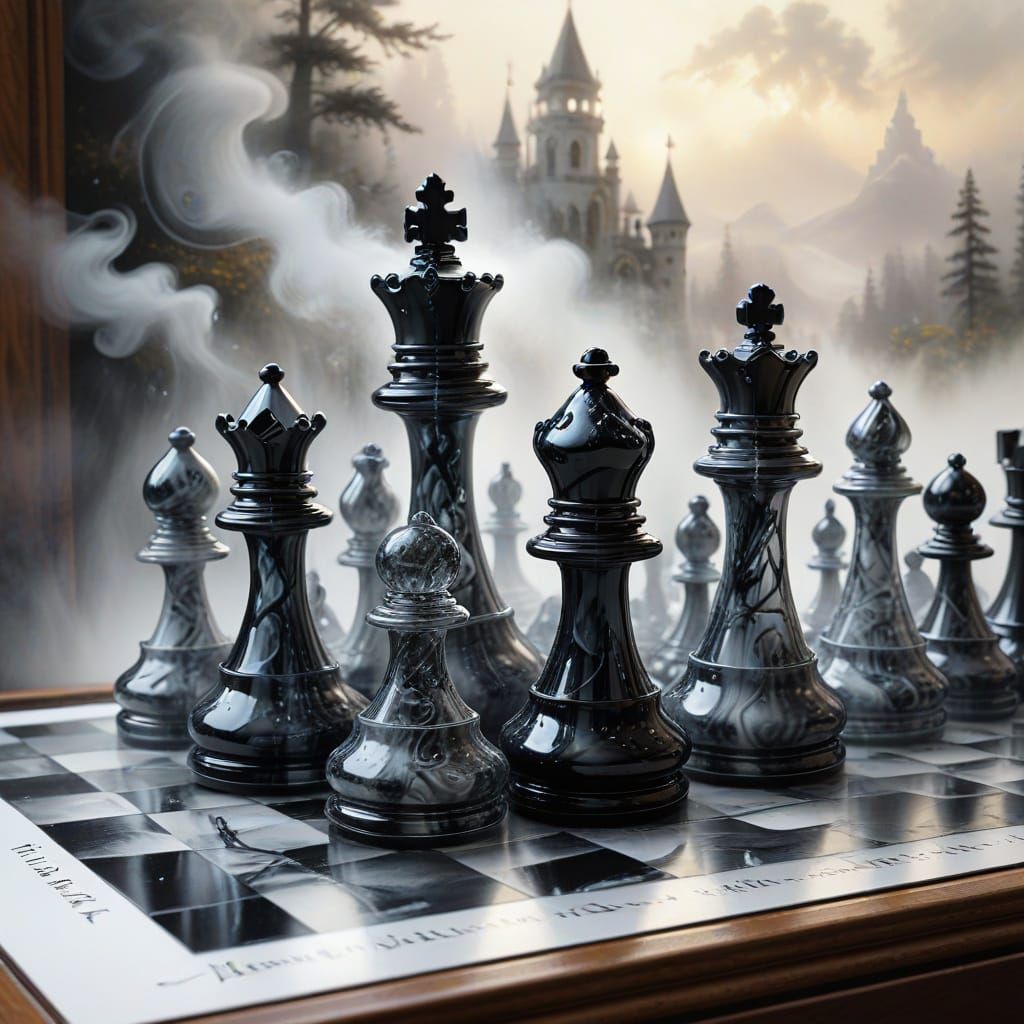 Ethereal Ink and Glass Chess Set as Charcoal Drawing