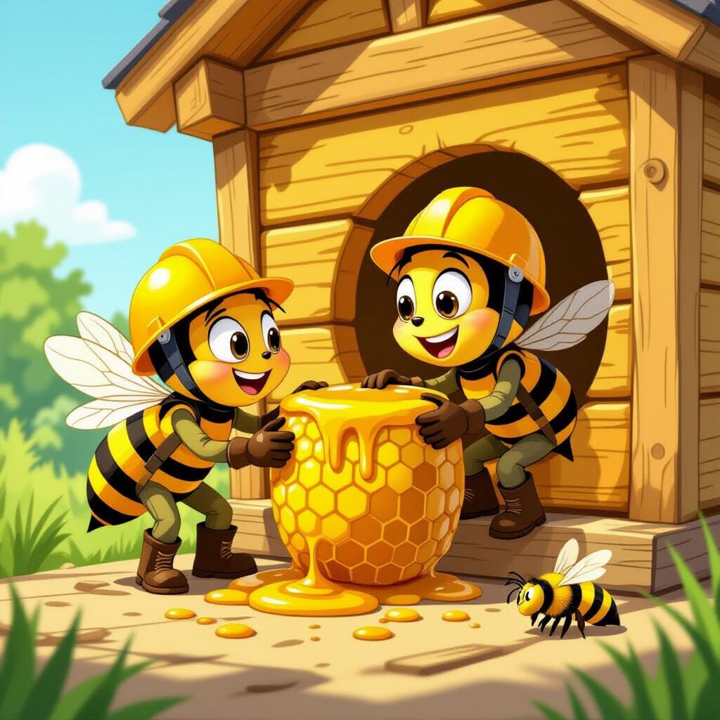 Pixar Style Bees in Helmets Harvest Honey from Hive
