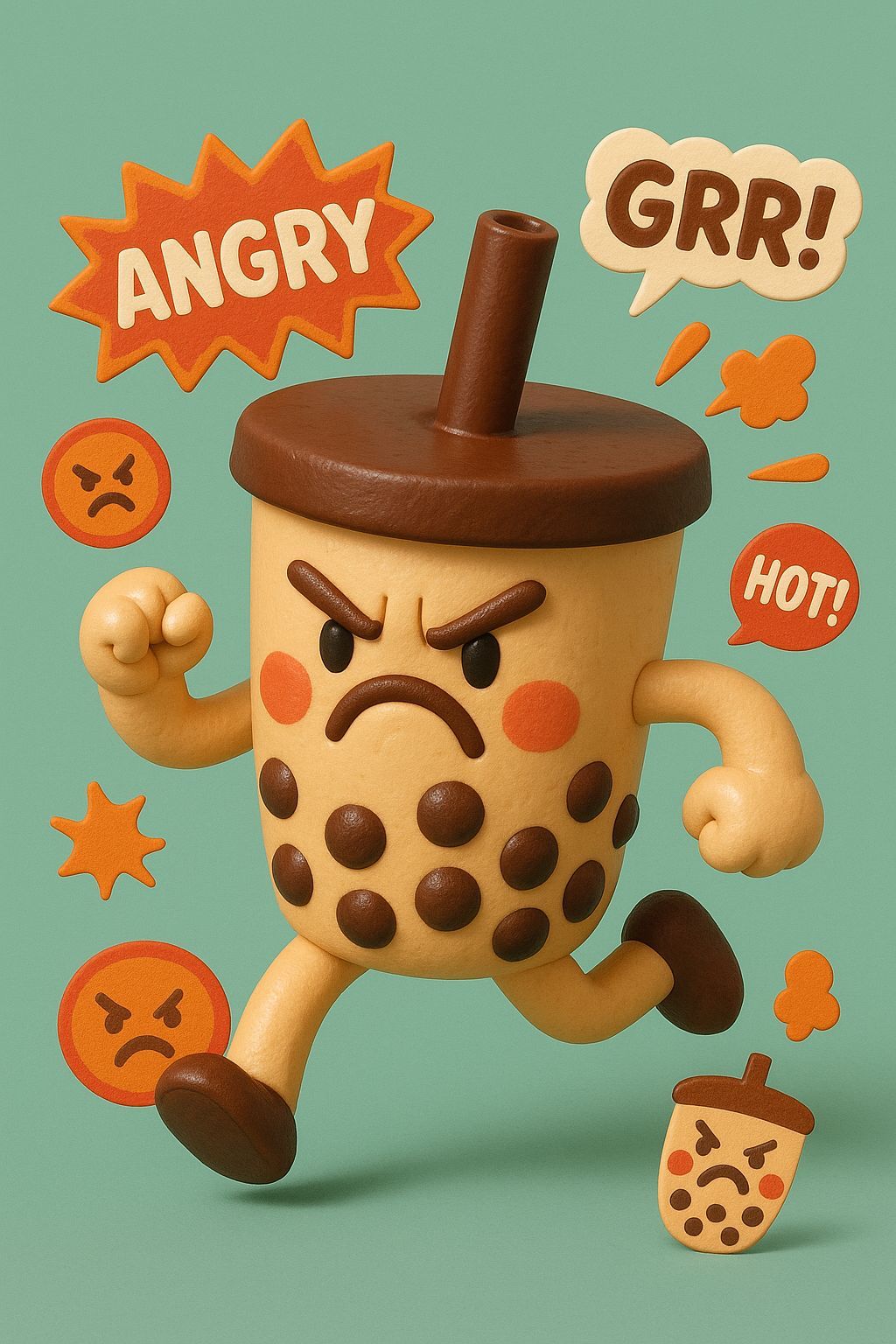 Angry Bubble Tea Character in 3D Cartoon Style
