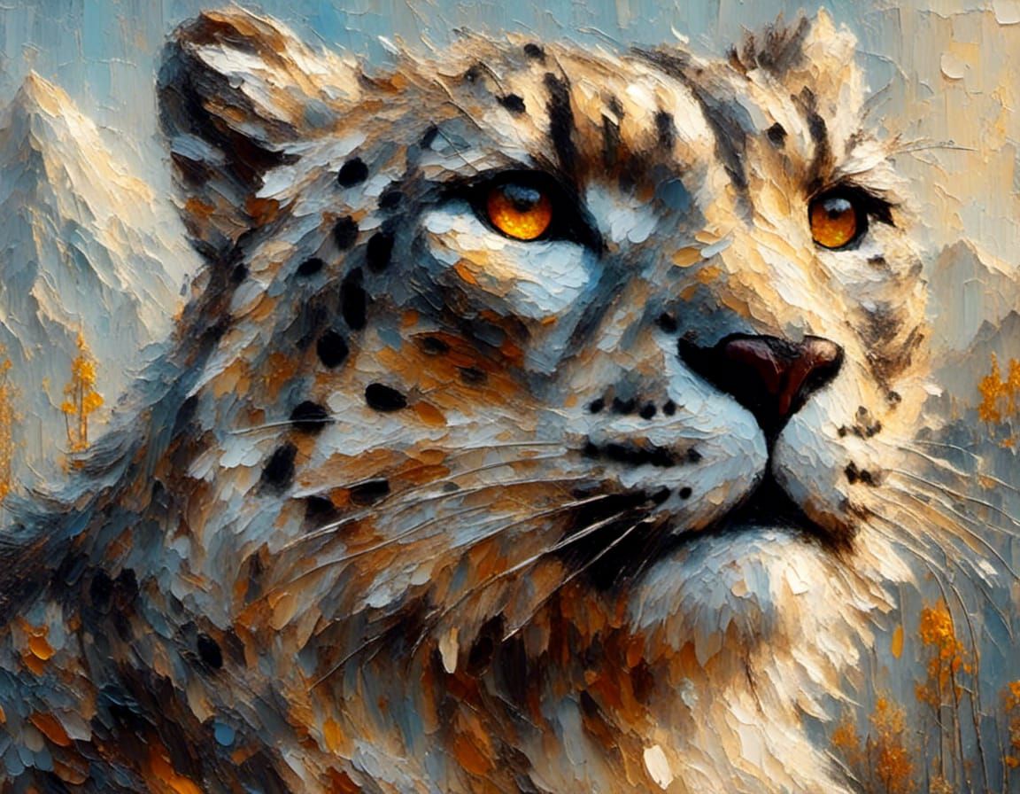 Snow Leopard Portrait in Impasto Oil Painting Style