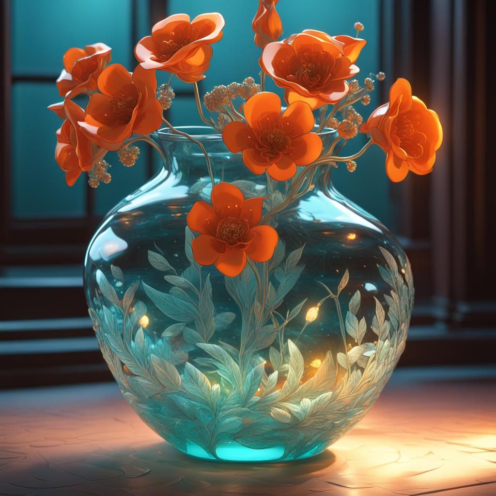 Blown Glass Vase with Glass Flowers: Hyperdetailed Art