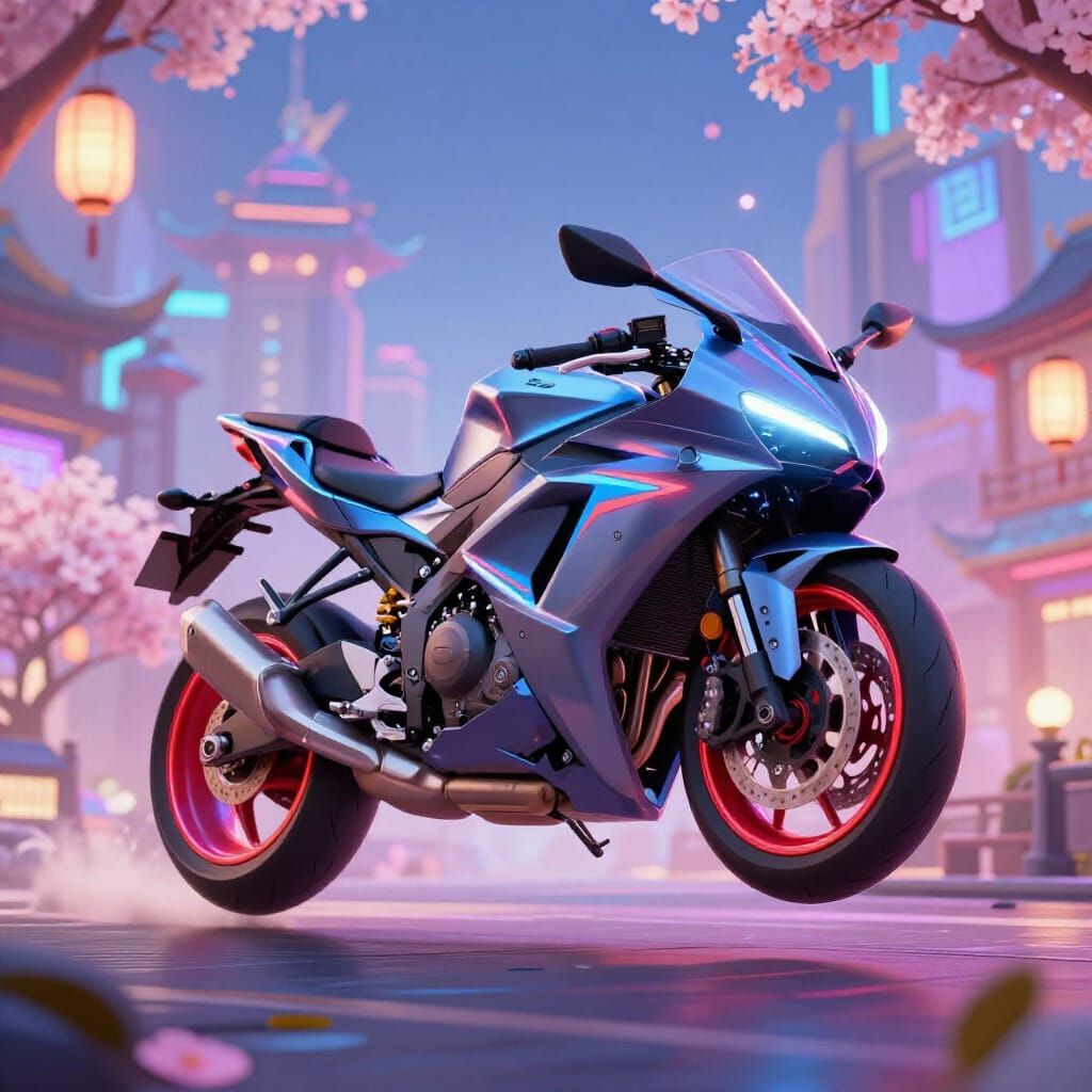 Metallic Japanese Motorbike in Neon Anime Cityscape