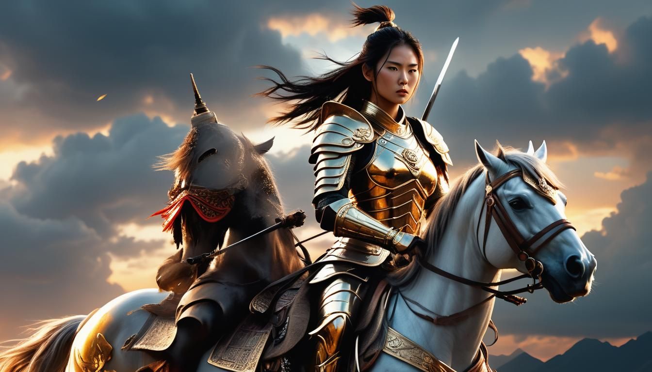 Asian Warrior on Horseback in Digital Art Style