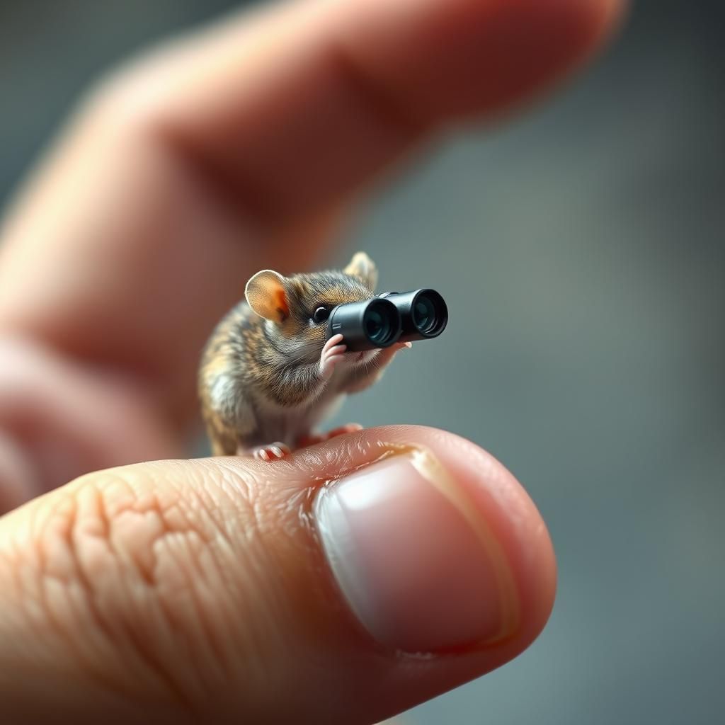 Mouse with Binoculars on Human Finger, 8K Render