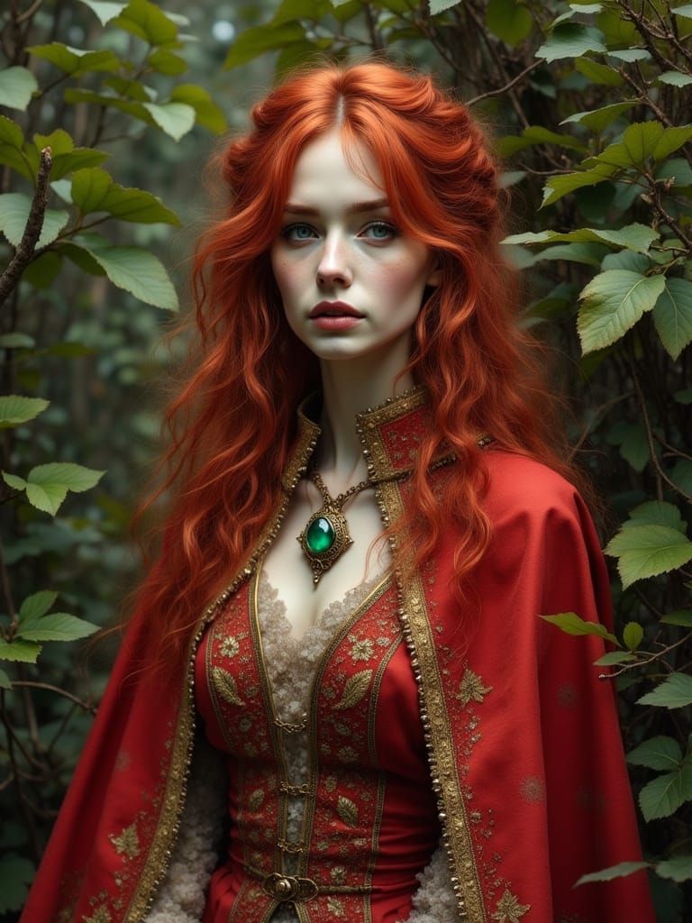 Mystical Forest Scene With Red-Haired Woman