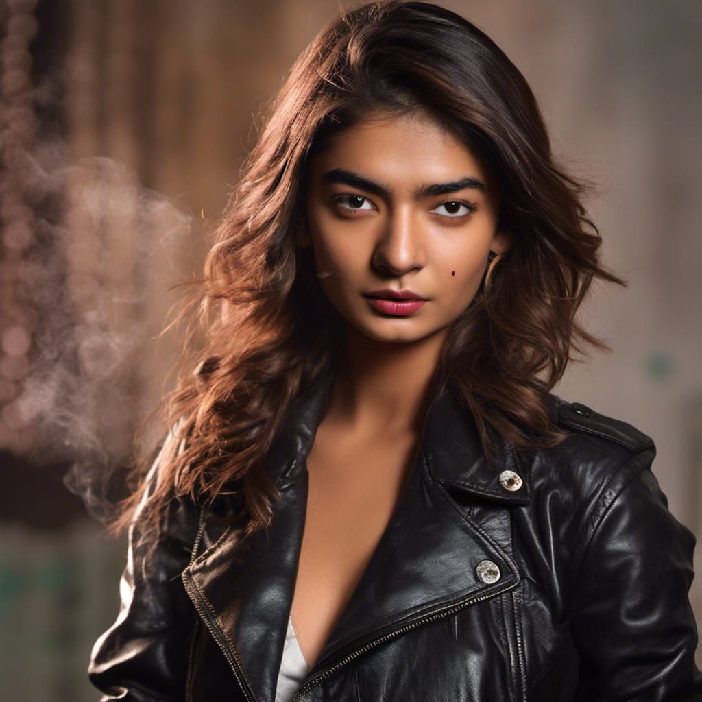 Hyperrealistic Portrait of Woman in Leather Jacket