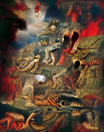 Aztec Snake God Blood Sacrifice: Beksinski-Style Painting