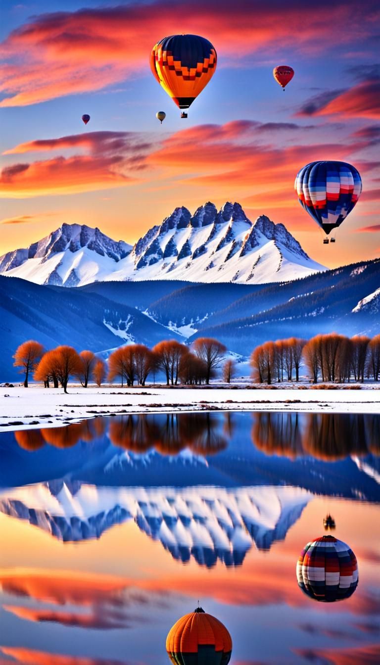 Hot Air Balloons at Snowy Mountain Sunset