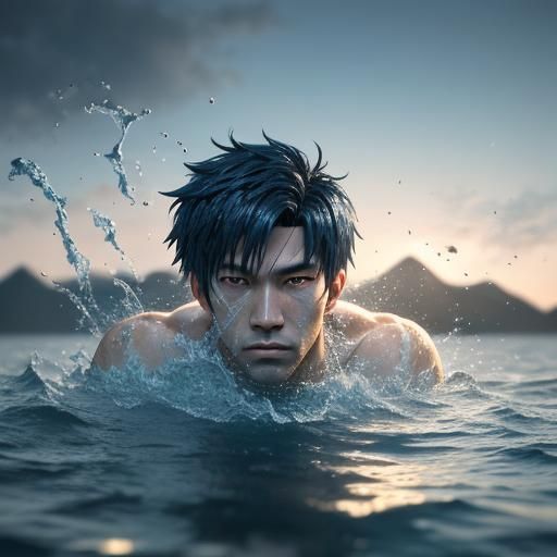 Boy Swimming in Water: Vibrant 3D Anime Art