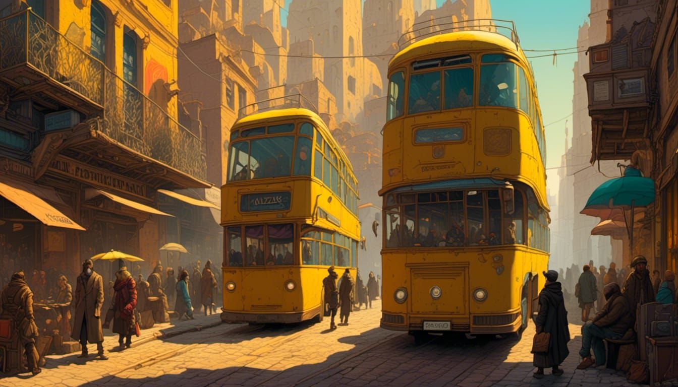 Steampunk Cityscape: Yellow Bus in Crowded Alley