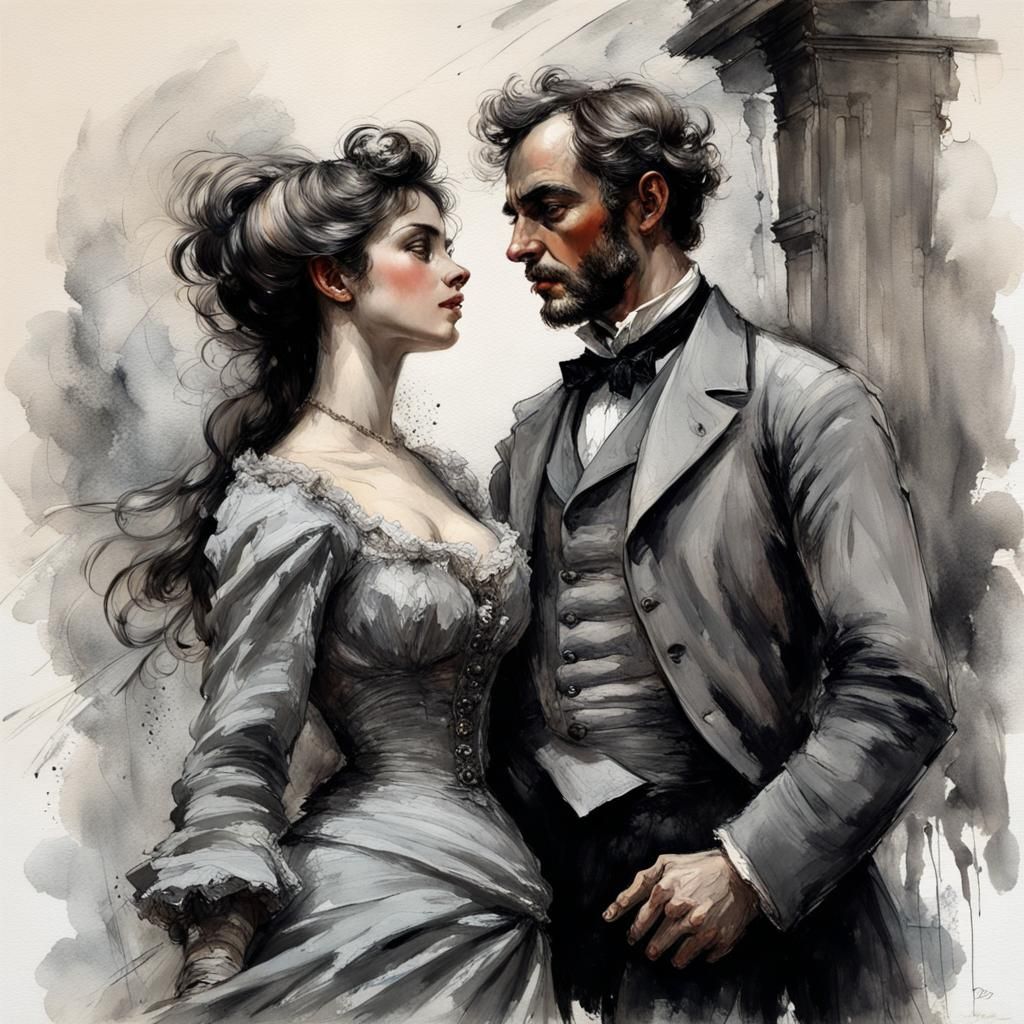 Victorian Couple in Ink Splash Art Style