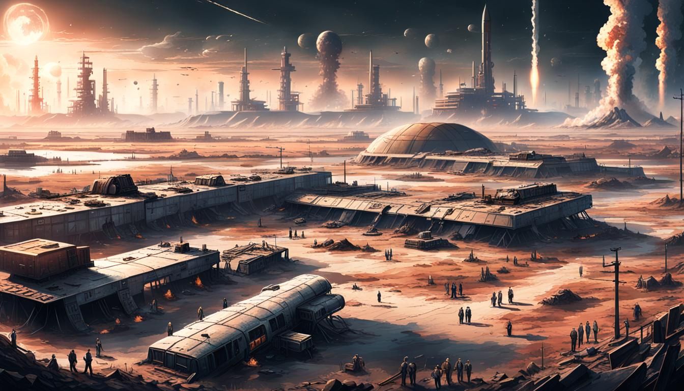 Post-Apocalyptic Landscape with Spaceport and Rockets