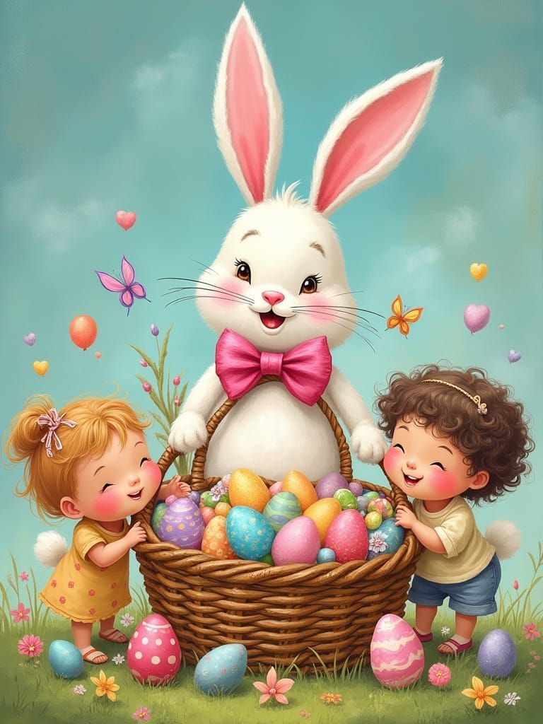 Easter Bunny Surrounded by Joyful Children in a Whimsical Ca...
