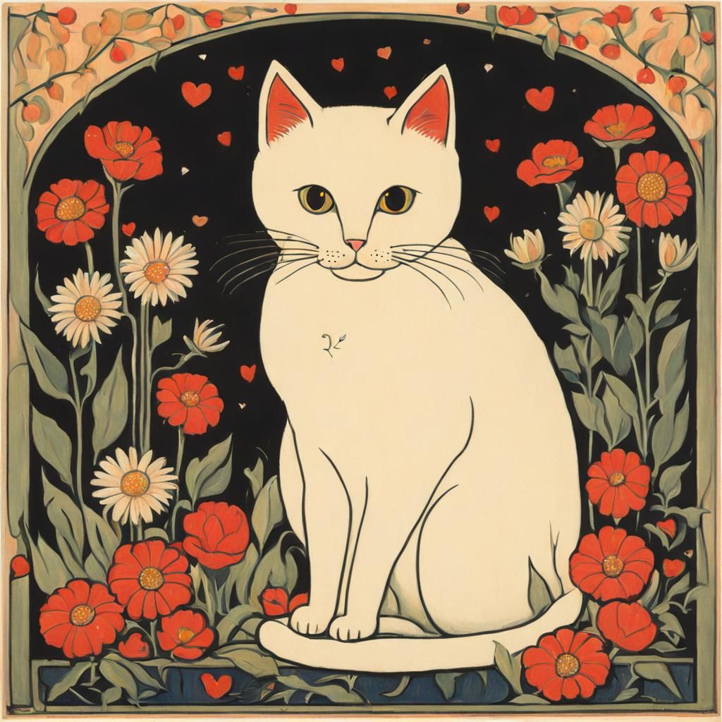 Neo-Impressionist Cat Surrounded by Blooming Flowers