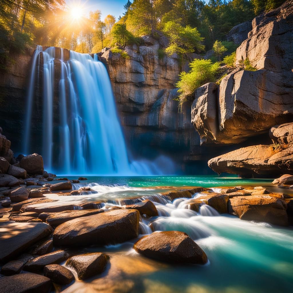 Majestic Waterfall Landscape with Golden Sunshine
