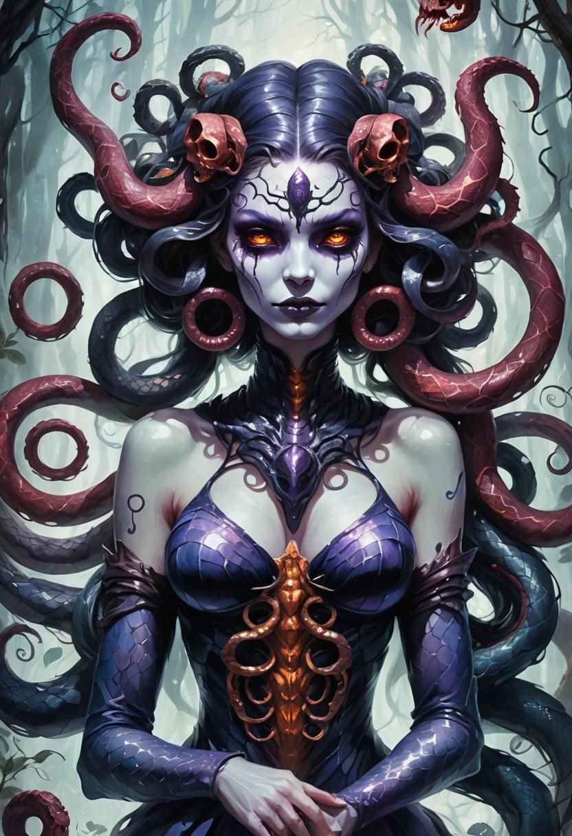 Ethereal Snake Woman with Skull Face in Dark Fantasy Art