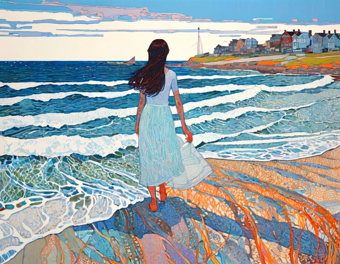 Woman by Seashore in Vibrant Style