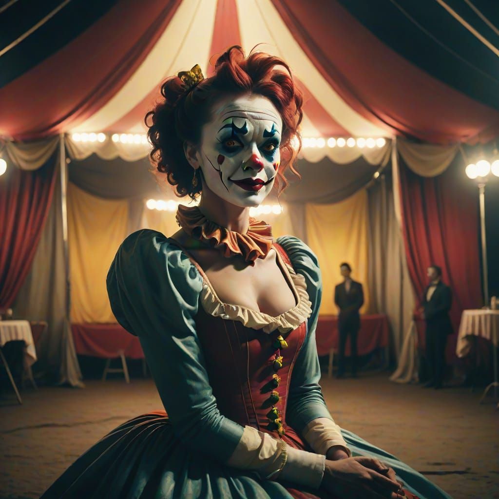 Melancholic Clown Observes Acrobat in Circus Tent