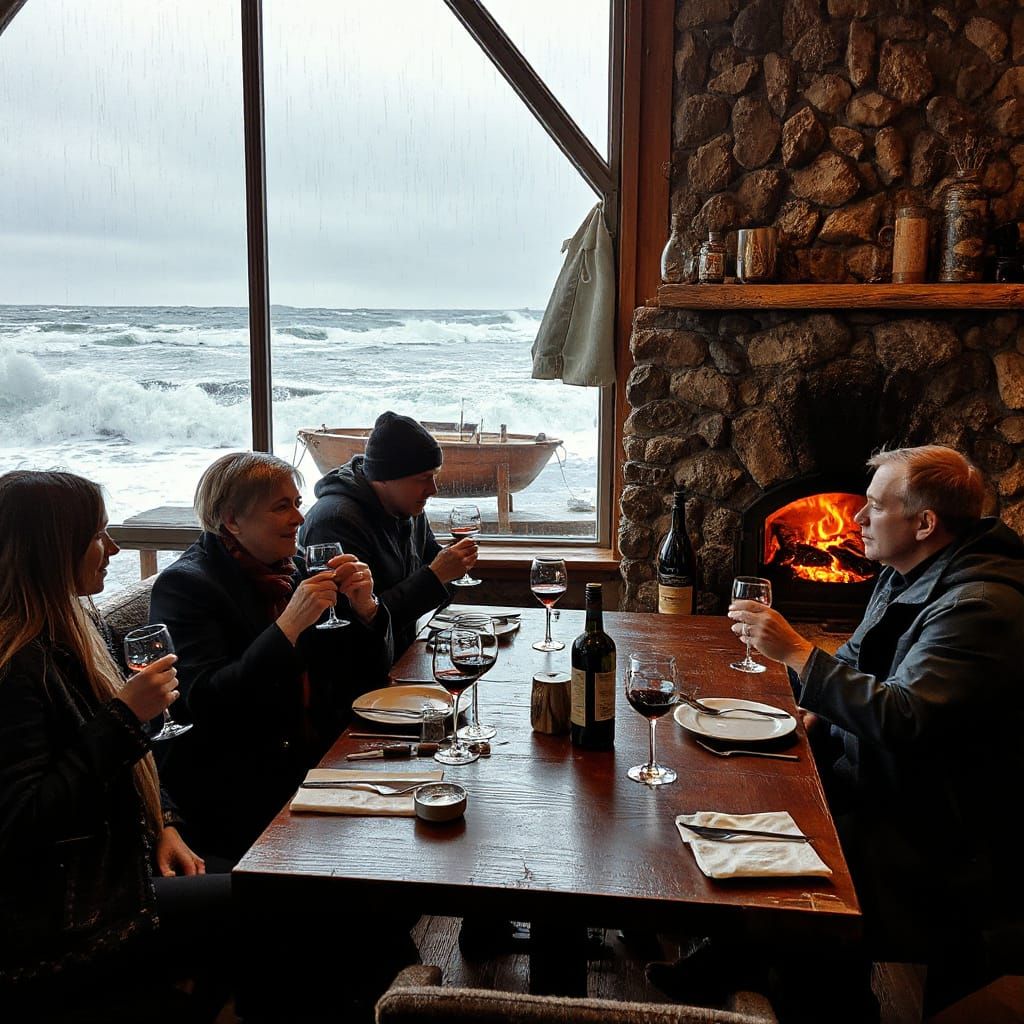 Cozy Coastal Restaurant During Winter Storm